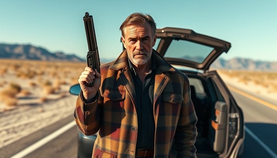 Rugged man in coat holding gun on desert road, Antifa comedy movie.
