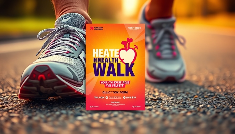 Taking Health to Heart Walk event flyer with running shoe and heart mascot.