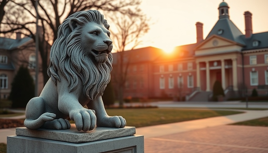 Sunrise silhouette of Penn State lion statue.