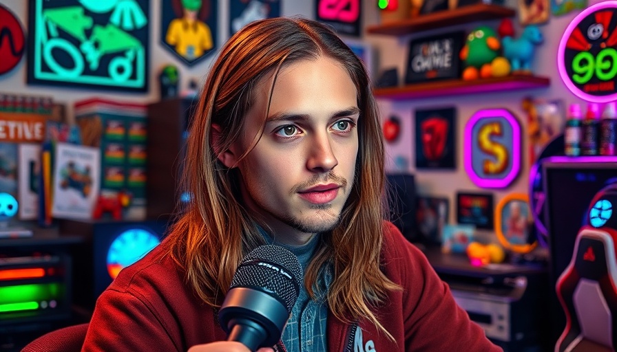 Zion Grassl calmly speaking into a microphone with gaming collectibles in the background.