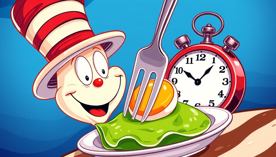 Playful illustration of green eggs, a clock, and a striped hat representing the benefit of constraints theme.