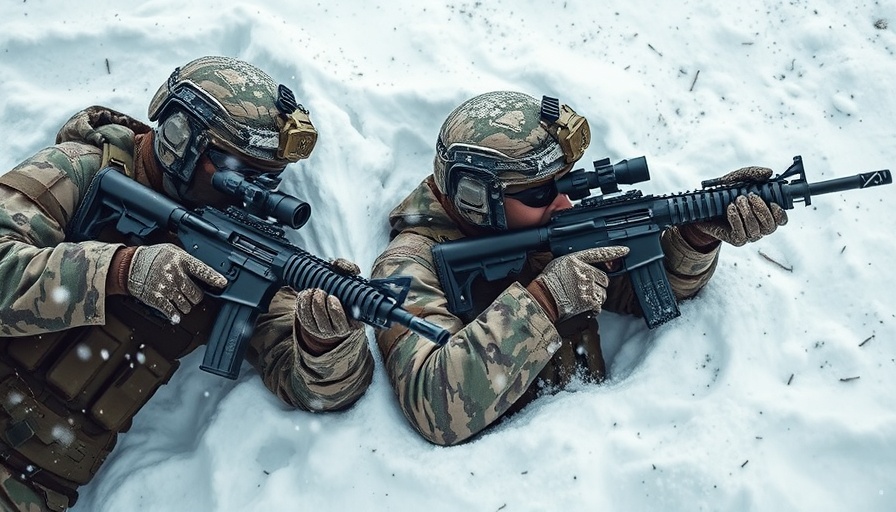 Soldiers aiming rifles in snowy terrain.