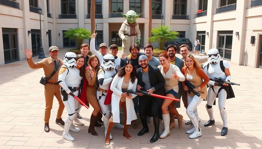 Life at Lucasfilm: employees in Star Wars costumes posing in courtyard.