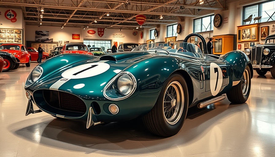 Classic British racing car in British Racing Green at museum exhibit.