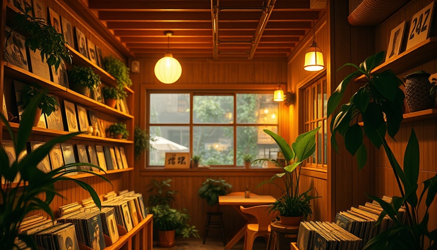 Japanese jazz kissa with vinyl records and cozy ambiance.