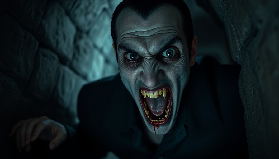 Vampire with blood-stained fangs in dark crypt for US troops psychological warfare vampires.