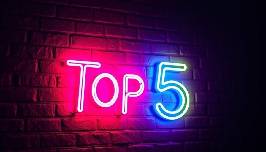 Vibrant 'Top 5' neon sign on dark brick background.
