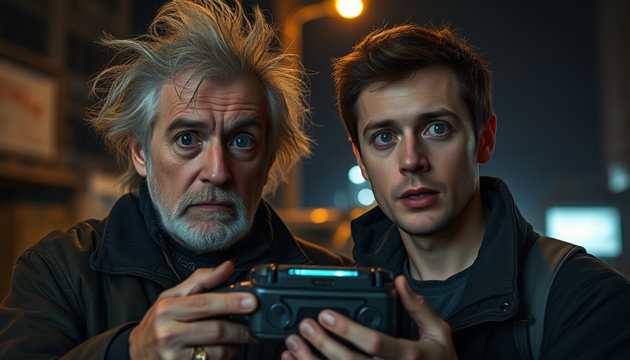 Older man and young man in cinematic scene holding device, symbolizing broadband infrastructure funding.