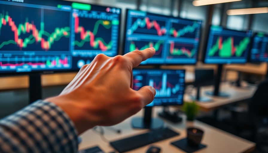 Business professional analyzing stock charts with AI tools, showcasing workplace transformation.