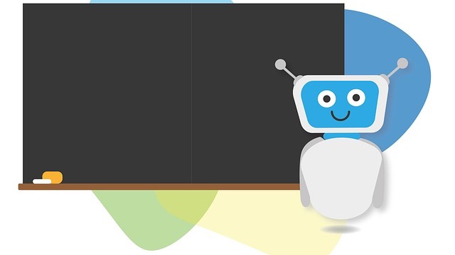 Futuristic robot analyzing risk on screen in high-tech lab.