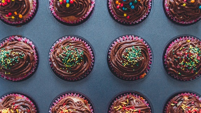 Delicious chocolate muffins with chips, bright light, healthy family meals.