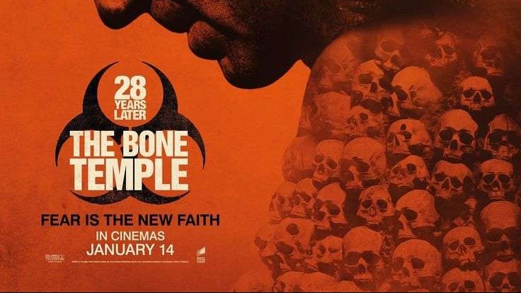 Dark and eerie scene with a man amidst skulls and flames.