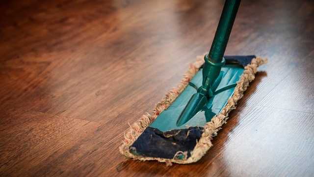 Mop and bucket with suds on floor, highlighting cleaning routine.