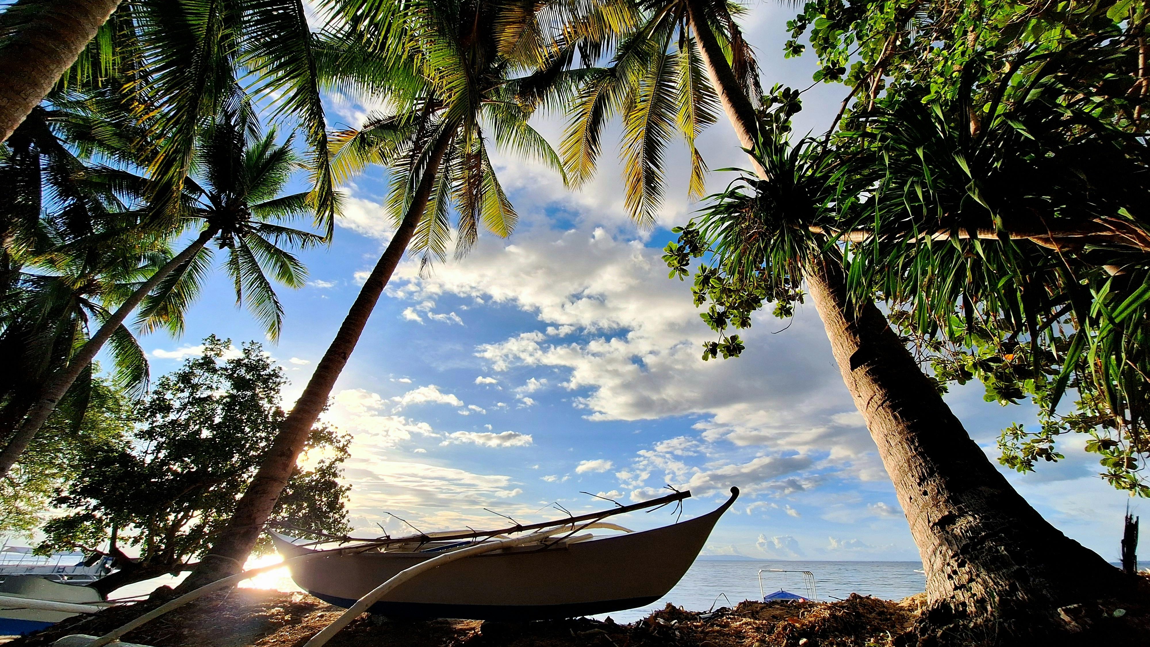 Tropical beach sunset stroll in Hawaii, woman in blue dress.