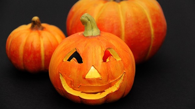 Whimsical suburban house with tacky Halloween decor and pumpkins.