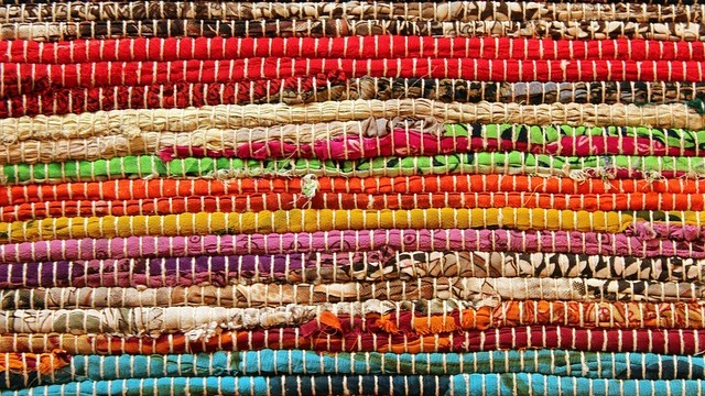 Modern outdoor area rug with wicker chair and plant