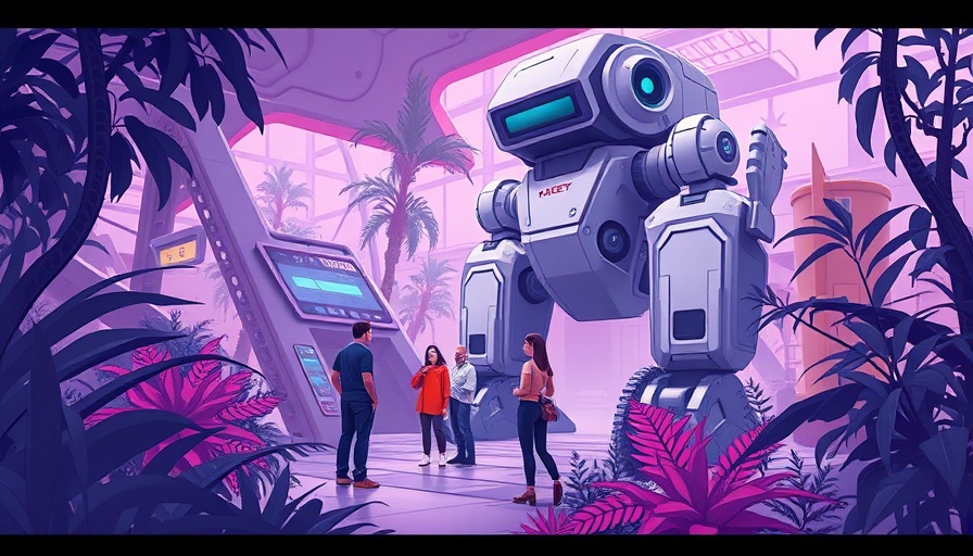 Futuristic tech park with robot and people, AI Agent Building Tools theme.