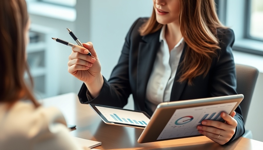 Businesswoman discussing break-even point formula with tablet graphs.