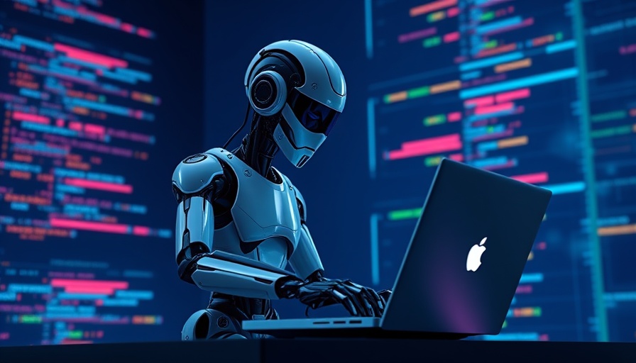 Futuristic AI robot consultant working on laptop amidst digital code.