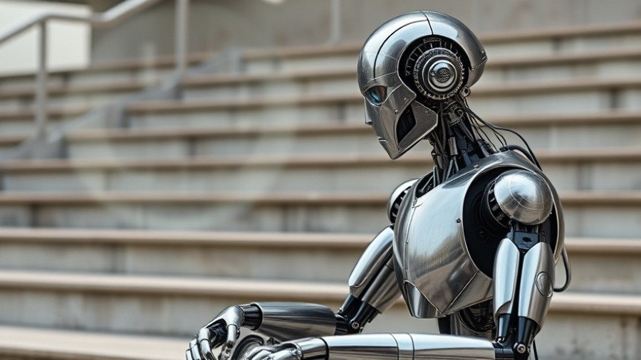 Futuristic robot in a thoughtful pose with a metallic finish on steps.