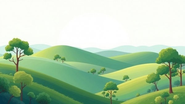 Abstract green hills illustration with trees and sky.