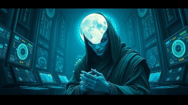 Sentient cloud weather control system concept art with a moon-headed figure.