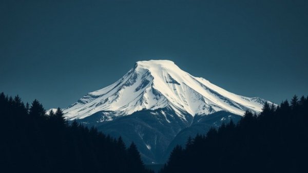 Stylized mountain landscape with snowy peak and pine trees.
