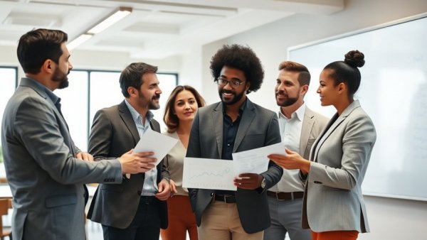 Team discussing social media strategy for small business with graphs and charts.