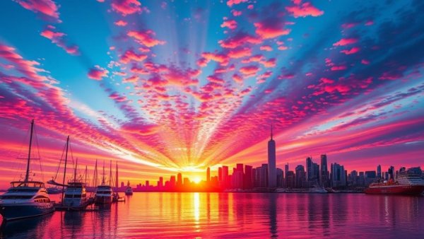 Terminal-Bench 2.0 vibrant harbor with geometric patterns and city skyline during sunset