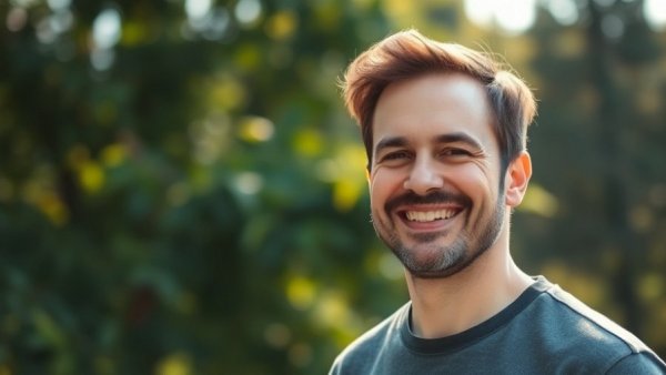 Cheerful man enjoying a bright day outdoors, AI Product Management Transition.