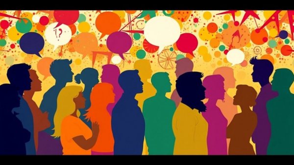 Diverse silhouettes communicating with digital connections in vibrant colors, Meta Omnilingual ASR.