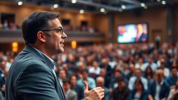 AI in Holiday Marketing presentation by a confident speaker at a large conference.