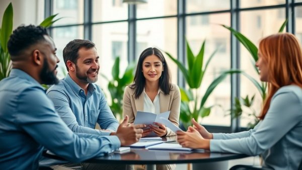 Business team discussing HR solutions benefits in a collaborative meeting.