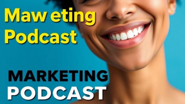 Professional portrait with podcast promo text.