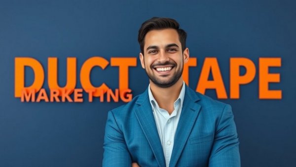 Confident man in suit, duct tape marketing text, social selling strategies on LinkedIn.