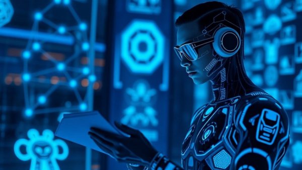 Futuristic entity analyzing data, symbolizing Google AI training small models complex reasoning.