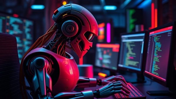 AWS Kiro robotic programmer in futuristic neon workspace