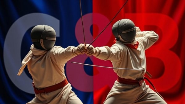 Three fencers emphasizing teamwork in front of stylized GB letters.