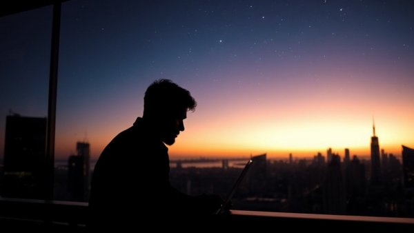 Silhouette of person using laptop with dual-tone cityscape, highlighting AI-Assisted Software Engineering.