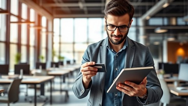 Man in office enhancing B2B checkout experience with tablet.