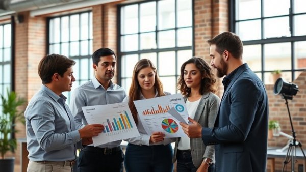 Team analyzing loyalty programs data in modern office, brick wall background.