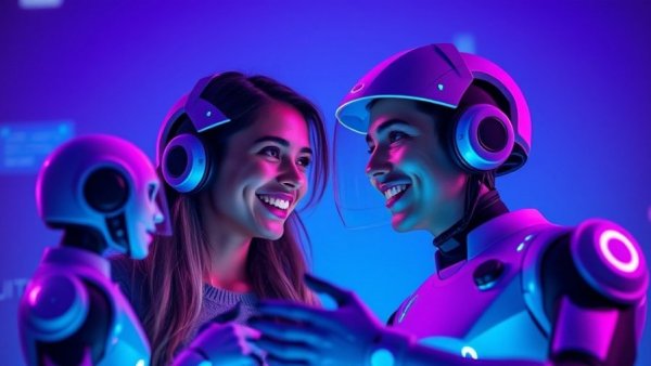 Illustration of trust in agent-to-agent AI interactions with futuristic AI bots and people.