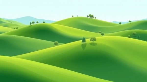 Abstract landscape depicting green hills under a pale sky.