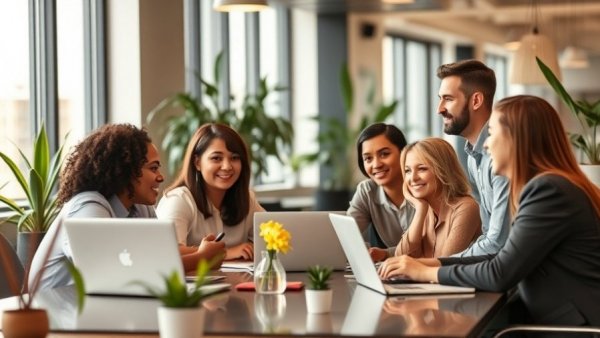 Business team discussing online reviews in a modern office.