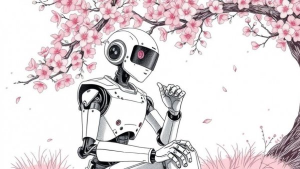 Ontology in AI Implementation: Thoughtful robot pondering under a tree.