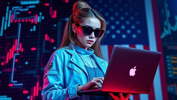 Futuristic hacker working on laptop with American flag, open source AI concept.