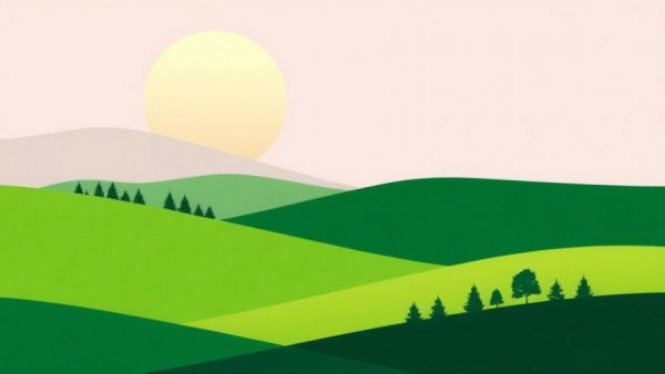 Abstract landscape of rolling green hills and trees, minimalistic style.
