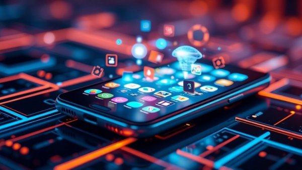 Futuristic smartphone interface with app icons for mobile app in small business.