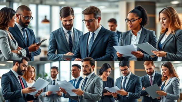Collage of professionals reviewing documents, representing background checks.