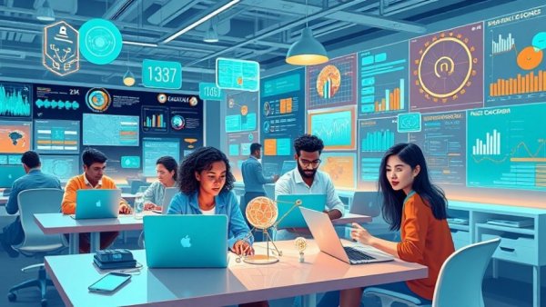 Digital collaboration in vibrant office with AI tools.